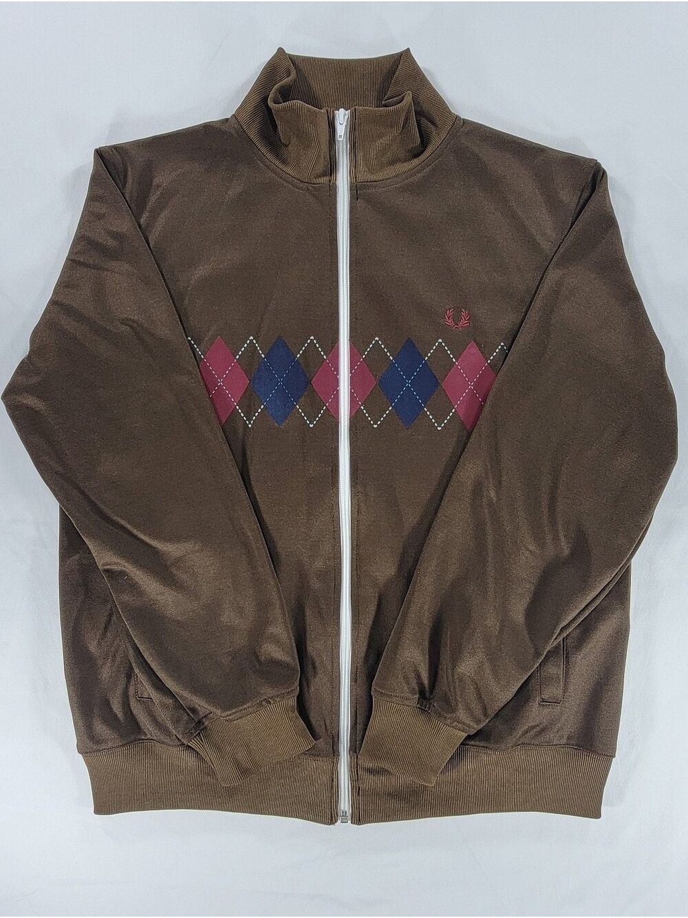 Vintage Fred Perry Track Jacket Mens Large Brown Diamond Argyle Velvet Patches